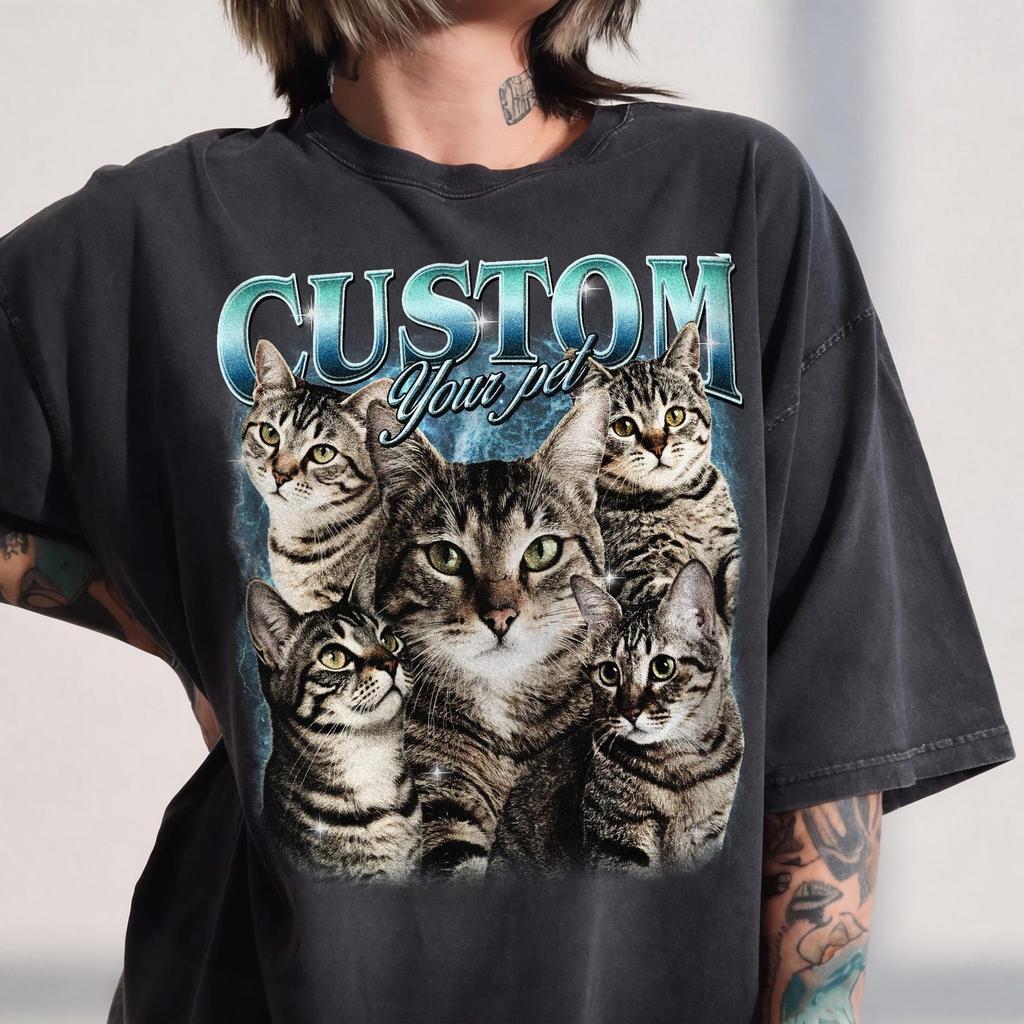Custom Cat Photo Bootleg Shirt, Retro Pet Portrait Tee