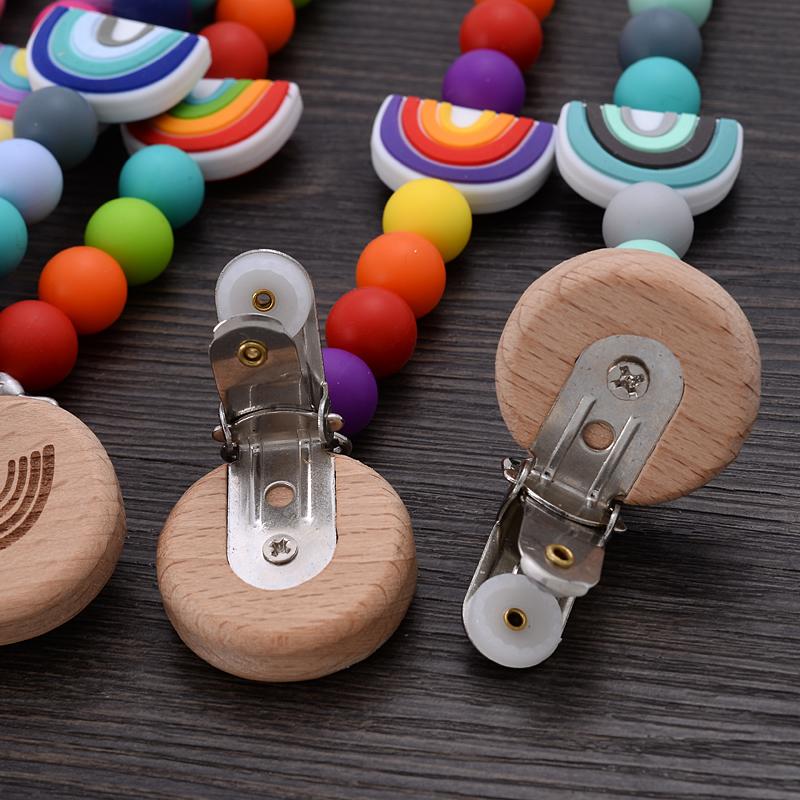 Beech Wooden Baby Pacifier Clip Handmade Cartoon Rainbow Silicone Teething Beads Infant Nipple Chain Nursing Toy Chew Gift