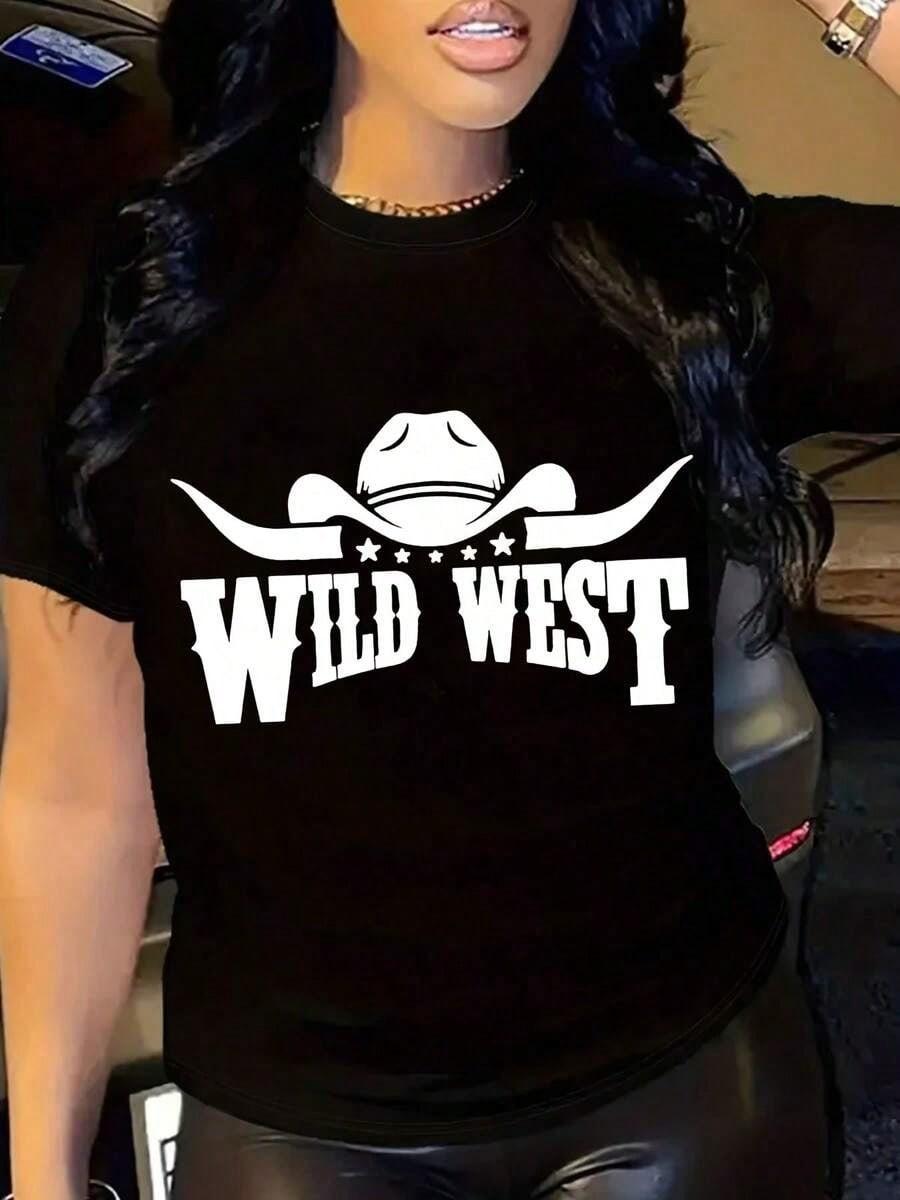 Casual Wild West Graphic Print Short Sleeve TShirt -Cowboy Hat & Stars Design S