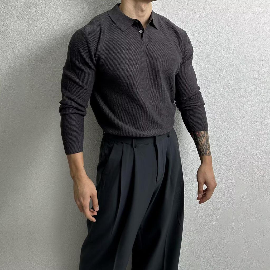 Polo en maille tendance décontracté haut de gamme pour homme à manches longues - Style coréen Printemps/Automne, Pull ample légèrement mature et polyvalent