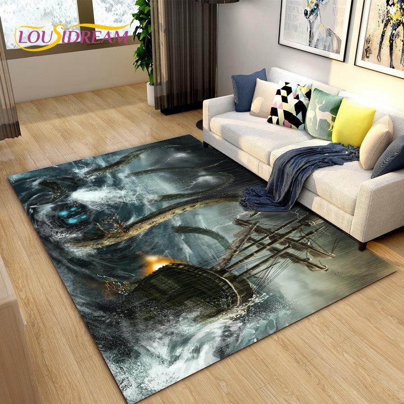 Sea Monster, Boat Ship Barque Area Rug Large,Carpets Rug for Living Bedroom Sofa Doormat Decoration,Kids Play Floor Mat