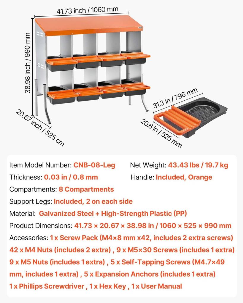 Hühnerlegeboxen, 8 Fächer, mit Stützbeinen, Einfache Eiersammlung, Verzinkter Stahl und Hochfester Kunststoff, Roll-Away Legeboxen für