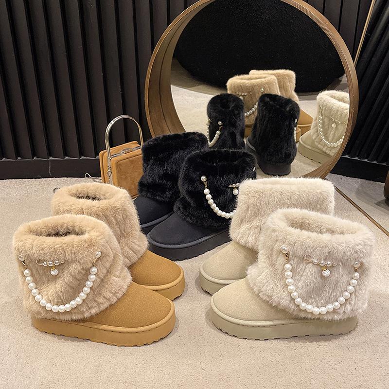Cheville Plate avec Bottes de Neige Hiver Slip-on Bout Rond Chaussures de Marque 2024 Femme Talon Moyen Solide Perle de Ficelle Solide Bottes pour Femmes