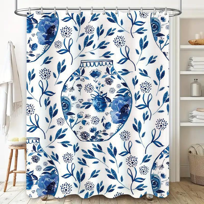 Rideau de Douche Fleur Bleue Imperméable Décoration de Salle de Bain Luxe Impression 3D Ensemble Tapis de Bain Antidérapant Imprimé Floral Bleu Blanc Douche Cur