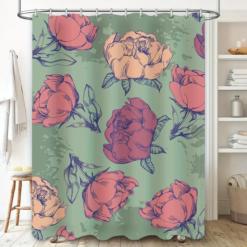 Vintage Peony Floral Shower Curtain Green Pink Red Decorative Waterproof Fabric Home Bathroom Decoration Modern Boho Style Luxur