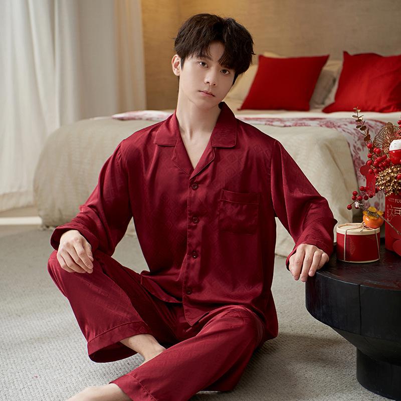 Pajamas men's spring and autumn ice silk long-sleeved men can wear high-end casual and comfortable silk loungewear suit large size