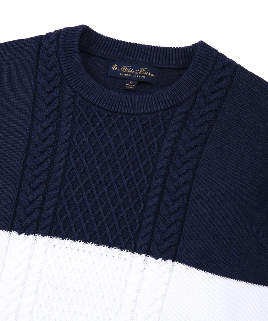 BROOKS BROTHERS Cotton Color Block Crew Neck Cable Sweater (Navy) (Bbwrmm8196Qes)