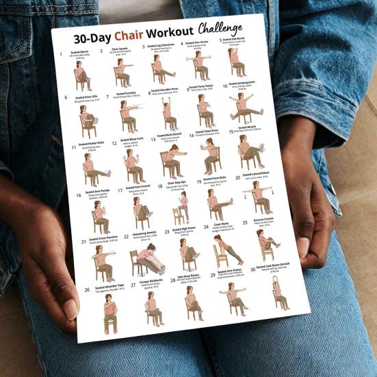 2Pcs Chair Yoga Poster Set, 30 Day Seated Exercise Chart for Seniors, Gentle Stretching Workout Guide for Elderly, Strength Training Wall Art