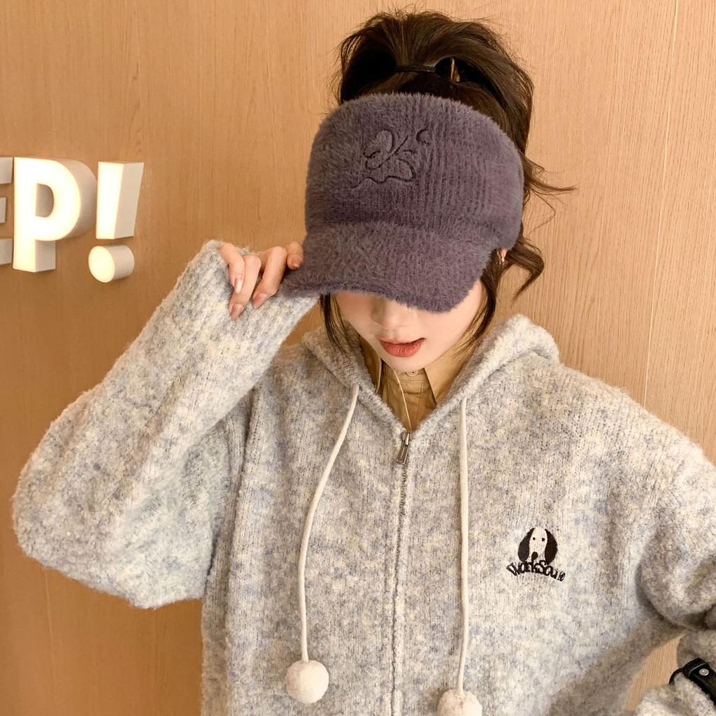 Women's Autumn and Winter Korean Version of Versatile Knitted Rabbit Warm Ear Protection Duck Tongue Baseball Cap Wool Cap Plus Velvet Thickened