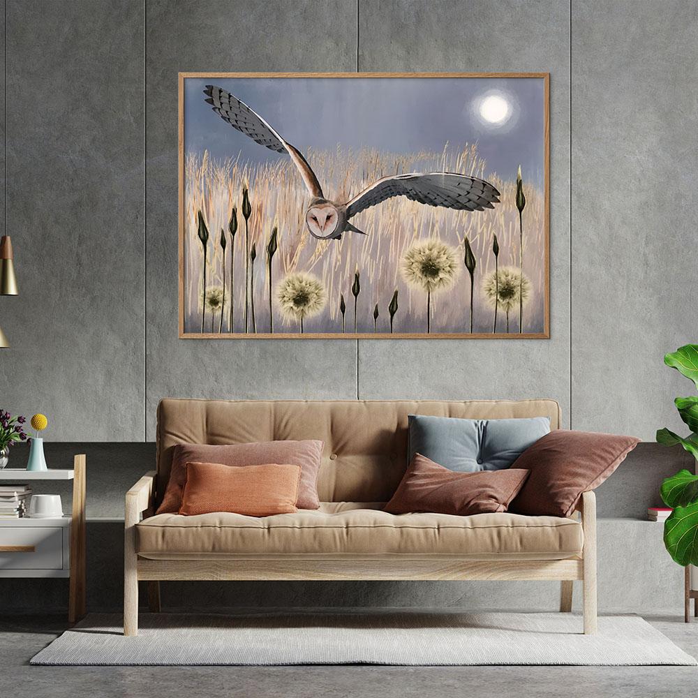 Barn Owl Canvas Painting Wall Art Print Abstract Animal Moon Night Landscape Poster Wildlife Picture for Room Home Decor Cuadros
