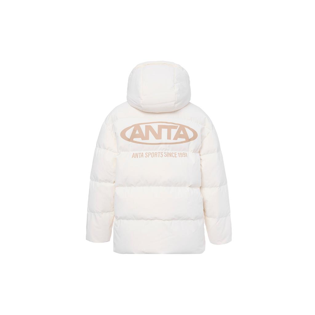 Anta Lifestyle Series Letter Print Snow Shell Three-Proof Hooded Down Jacket Women Outerwear Vanilla-White 962348902-1