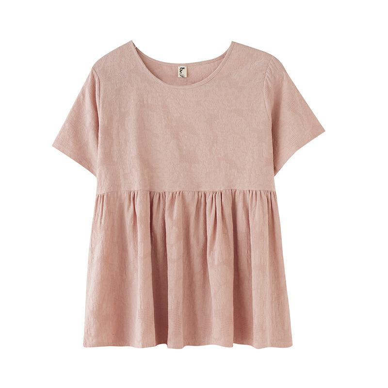 Sommer-T-Shirt in Übergröße für Damen, legere literarische Kurzarm-Oberteile mit großem Saum und Jacquard-Muster