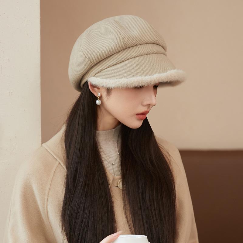 Autumn and Winter Hats for Women with High End Thick Plush Edge Octagonal Hat Solid Color Versatile Baseball Cap Warm Newspaper Baby Hat
