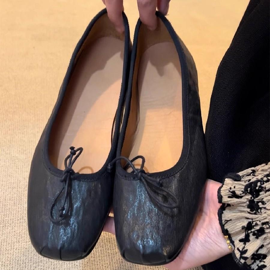 Washed cowhide~ Genuine leather ballet shoes for women to wear bows, temperament, shallow mouth flat-soled single shoes, retro grandma shoes