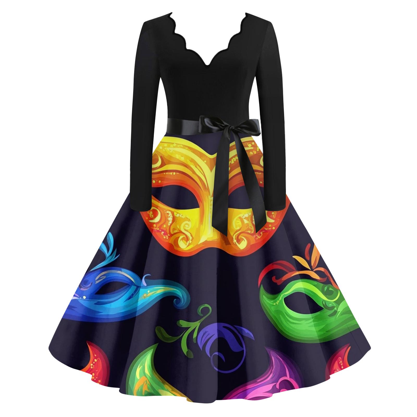 

Женское повседневное модное платье с V-образным вырезом и длинным рукавом с принтом в винтажном стиле XL