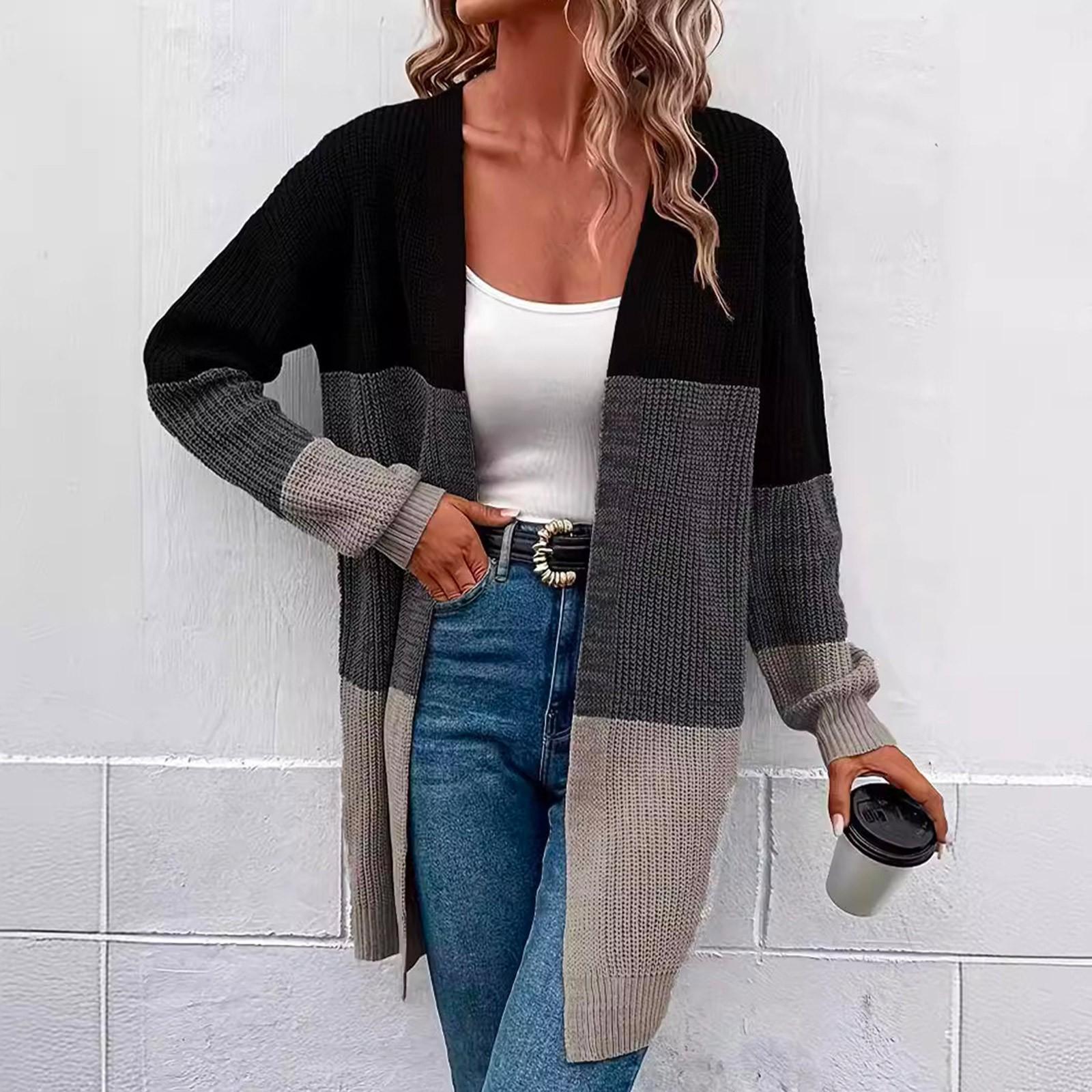 

Жіноча осінь та зима мода ретро повсякденний довгий рукав кольоровий блокування середньої довжини в язаний кардиган куртка L чорний