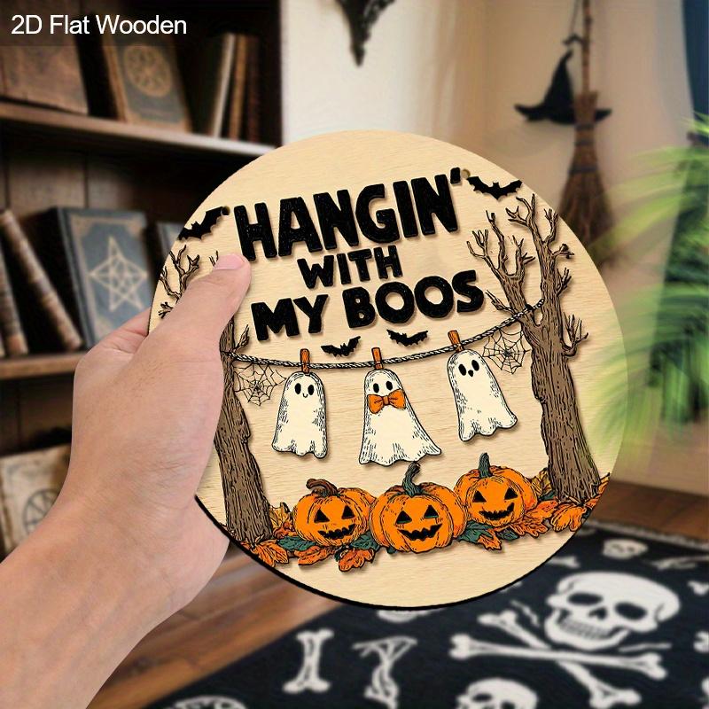 Rustic Halloween Wooden Sign with Ghosts & Pumpkins Pattern - Figurine Ornaments - Ideal for Front Door, Wall Decor - Ideal Halloween Gift for Friend