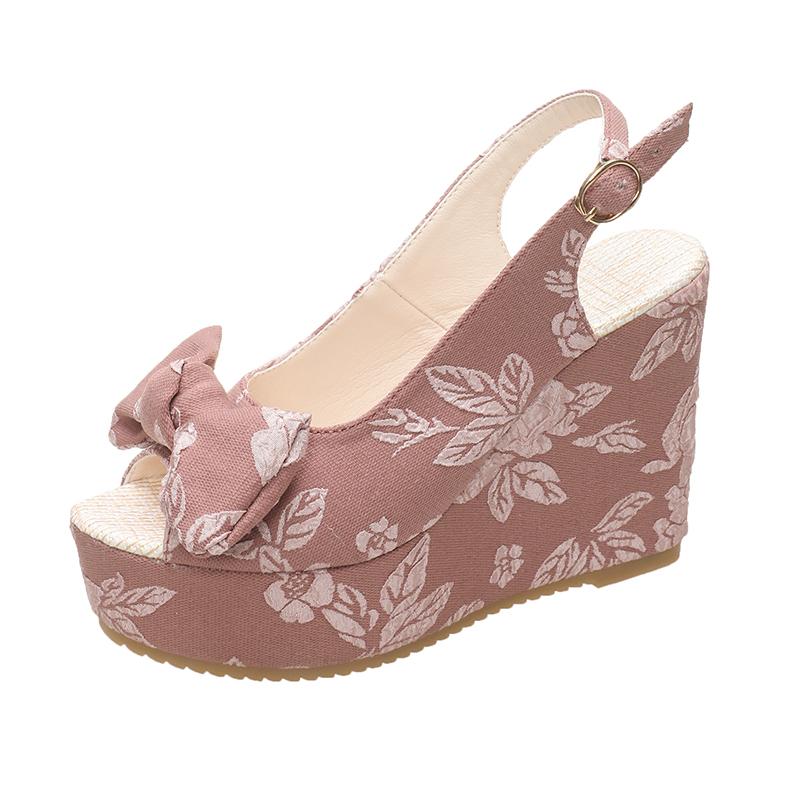 Large Size Women's Shoes New Style Printed Open Toe Buckle Cloth Super High Heel Fish Mouth Wedge Heel Bow Sandals for Women