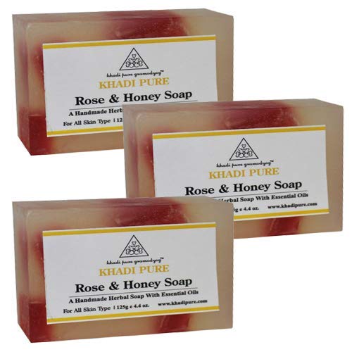 Khadi Pure Herbal Rose & Honey Soap, 125 G (Pack of 3),Red