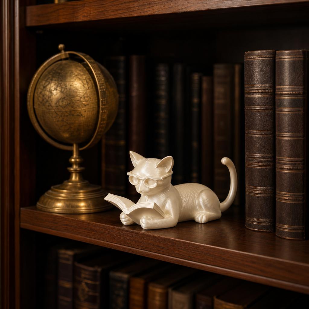 3D Printed Cat Figurine Reading Book Sculpture Modern Decorative Ornament Creative Design for Home Office Desk Decoration and Gift Idea