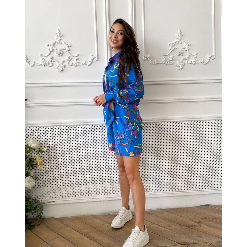 European and American Style Women's Spring and Autumn Casual Printed Long Sleeve Shirt and Shorts Two-Piece Set