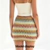 Women Crochet Striped Mini Skirt, Colorful Boho Knit Bodycon Skirt with Drawstring High Waist Summer Beach Short Pencil Skirt