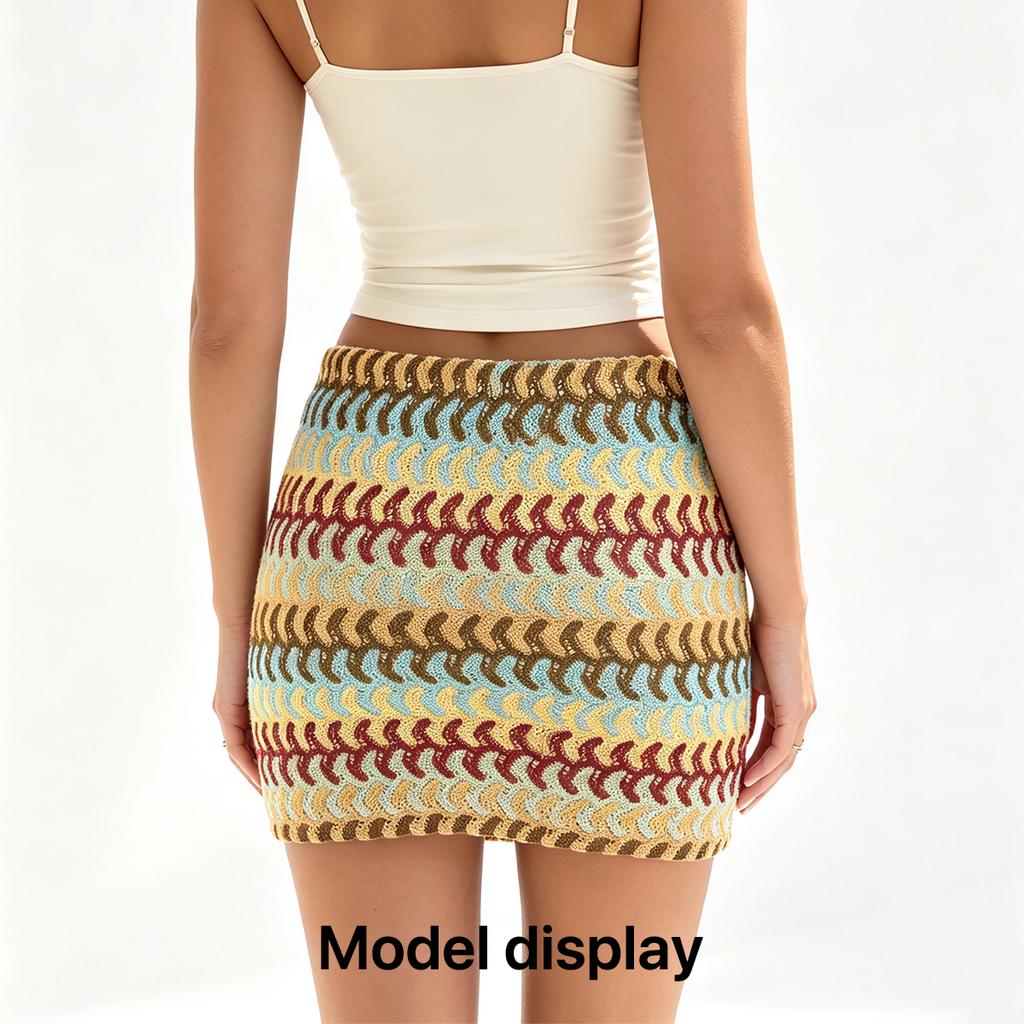 Women Crochet Striped Mini Skirt, Colorful Boho Knit Bodycon Skirt with Drawstring High Waist Summer Beach Short Pencil Skirt