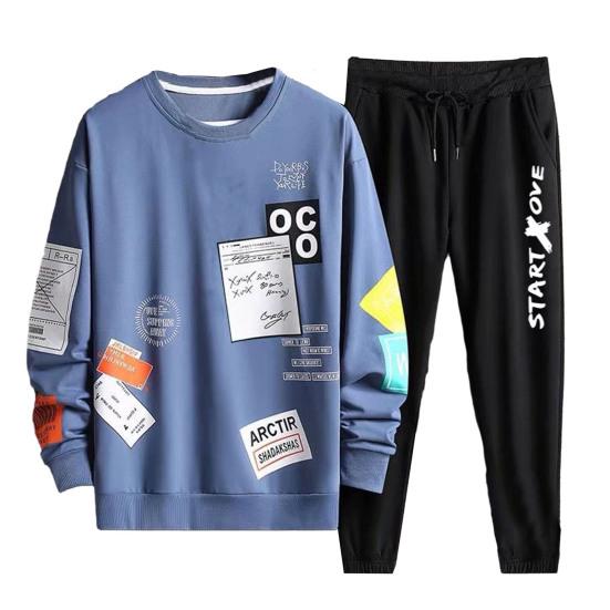 

2 шт./компл., мужской топ, брюки, комплект, эластичная резинка на талии, круглый вырез в стиле хип-хоп, свободный свитер с длинными рукавами и буквенным принтом, комплект брюк 3XL синий