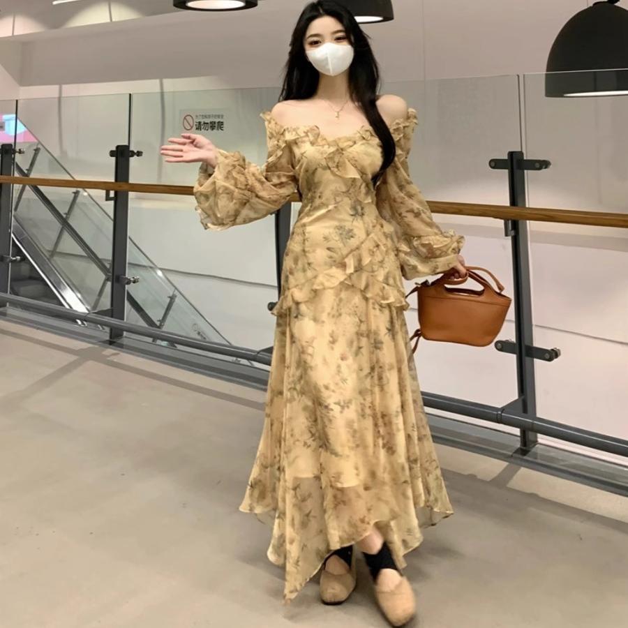 French temperament ruffle edge floral dress children's autumn new niche design sense foreign style long skirt