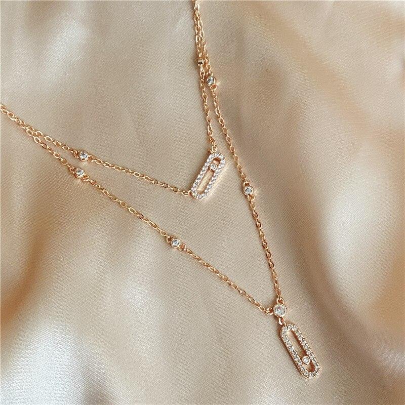 Luxury Copper-color AAA Zircon Choker Two-Layers Necklace Simple Shiny Pendants For Women Fine Zircon