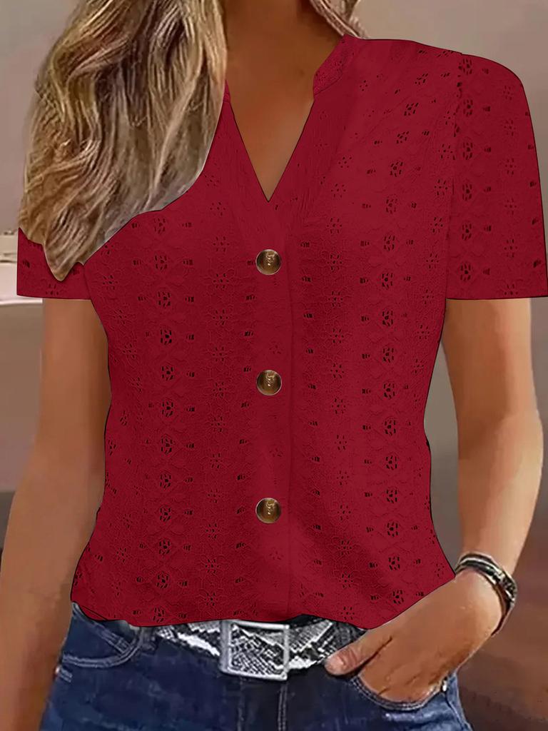 Summer New Women's Fashion Casual Solid Color Button V-Neck Short Sleeve T-Shirt
