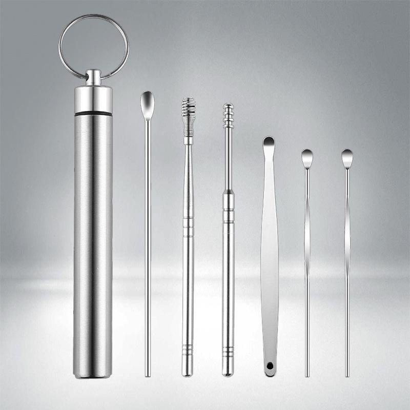 Six-Piece Stainless Steel Ear Cleaning Set with Spring Spiral Tools & Leather Case