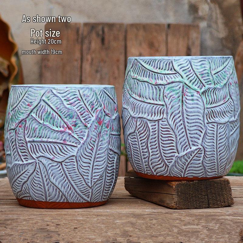 Handmade Embossed Rose Ceramic Succulent Pot, Tall Breathable Coarse Pottery, Large Mouth Plant Pot with Flower Design.