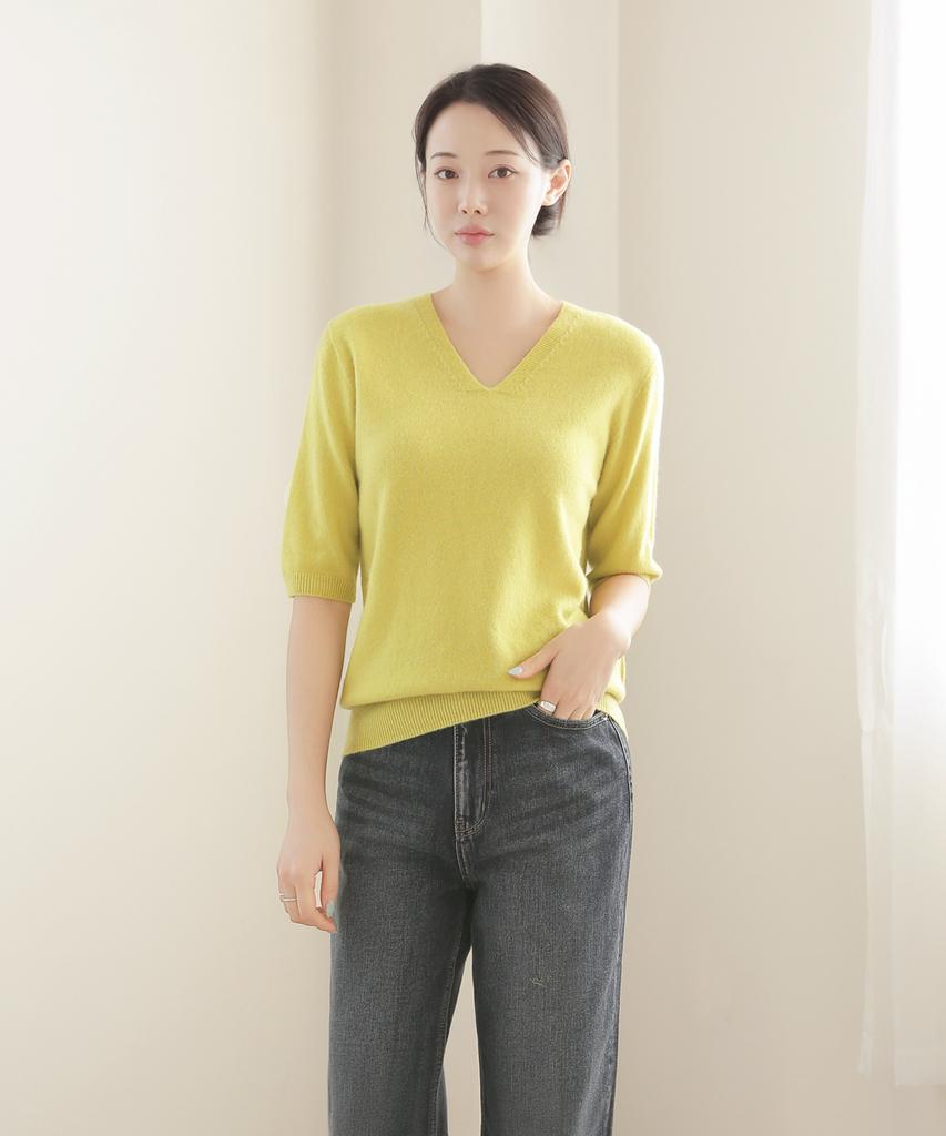 Keulleiseu 100% Wool V-Neck 3/4 Sleeve Knit_Camel