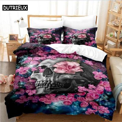 Ensemble de literie double Roses et Crânes Toutes saisons Ensemble de lit simple double Full Queen King Size Ensemble de housses de couette Chambre d'adulte et d'enfant Anime