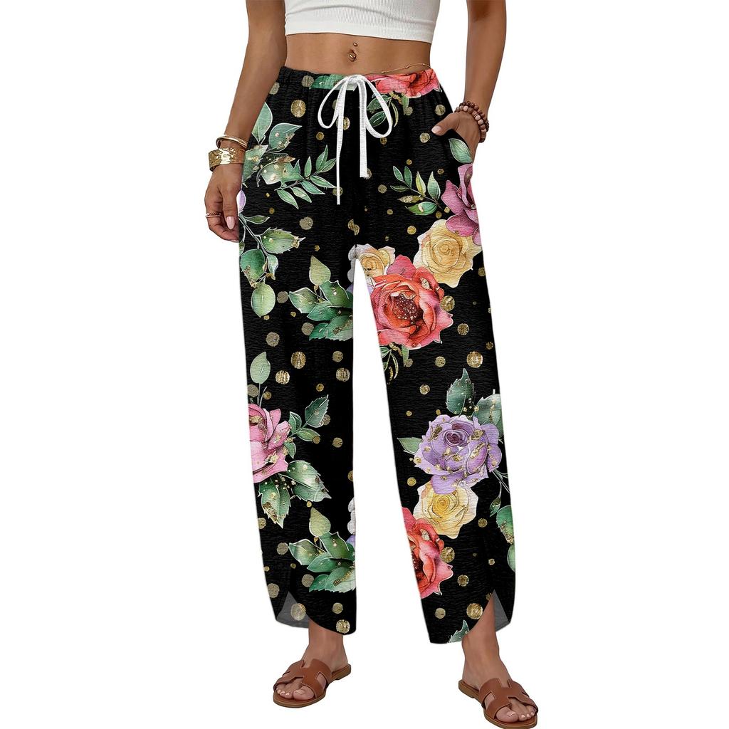 Women's Drawstring Wide Leg Printed Pants - Loose Fit Straight Leg Casual Trousers for Everyday Wear
