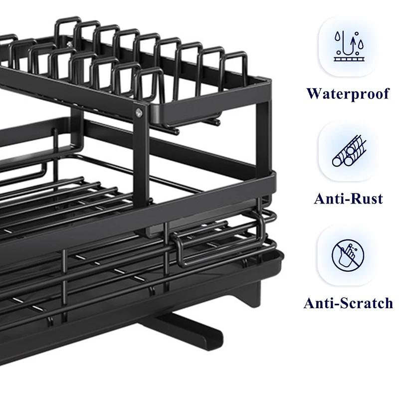 Dish Drying Rack for Kitchen Counter - Large Dish Rack with Drainboard, Adjustable Swivel SpoutRustproof Dish Drainer, Black