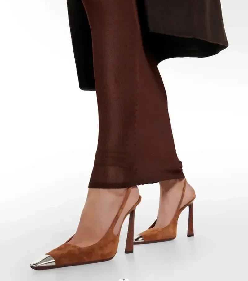 Fashion Metal Decorative Sexy Pointed Toe High Heels Women Ankle Strap Suede Women Pumps Summer Elegant Heeled Sandals Tacones Mujer