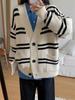 V-neck Single-breasted Lazy Style Striped Pocket Sweater Jacket, Fashionable Brown Ladies Autumn and Winter Warm Sweater Cardigan7051#