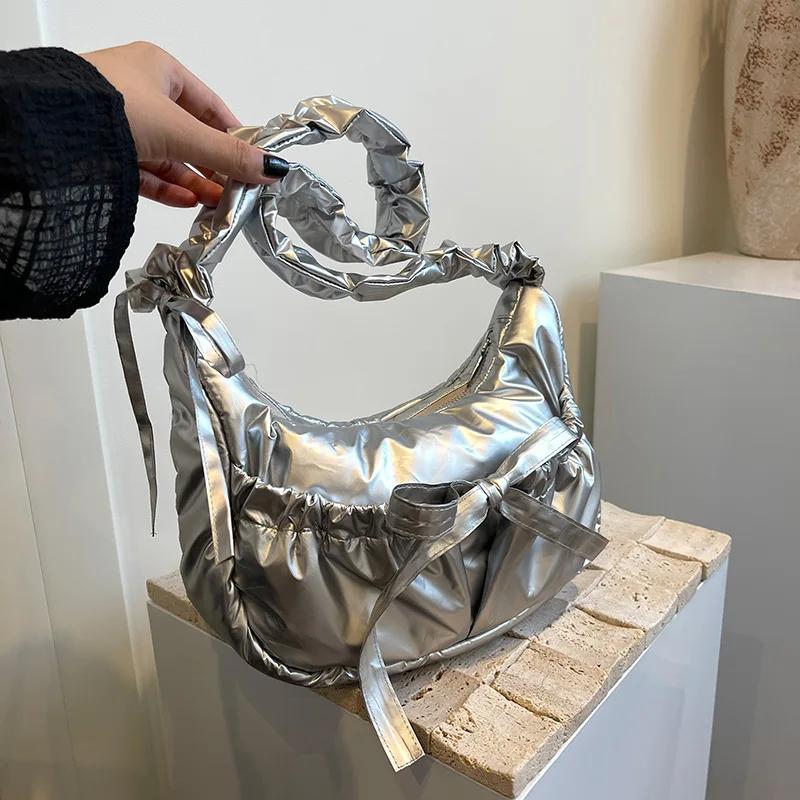 

Популярная сумка-хобо из нейлона в стиле преппи с бантом, женская, симпатичная, плиссированная, через плечо, изысканная сумка на плечо с завязками