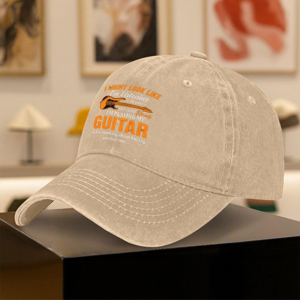 Men Vintage Guitar Print Baseball Cap  Lightweight Retro Curved Brim Hat Suitable for Summer Solid Color  MusicThemed Desig