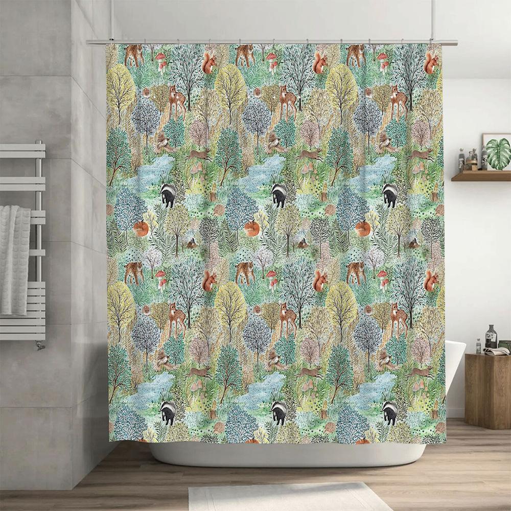 Forest Deer Woodland Shower Curtain Nature Trees Animals Bathroom Decor Vintage Rustic Cottagecore Home Decor Set
