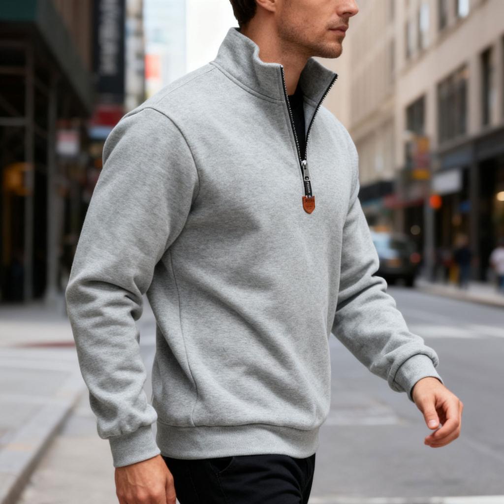 Men's Autumn/Winter Heavyweight Fleece Sweatshirt with Embroidered Logo Design, Half-Zip Stand Collar