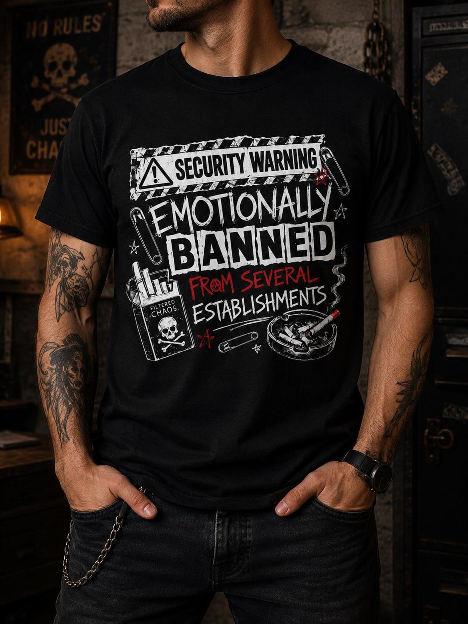 Emotionally Banned From Several Establishments Shirt, Punk Goth Emo Tee, Distressed Safety Pin Grunge Graphic Alternative Clothing Top S
