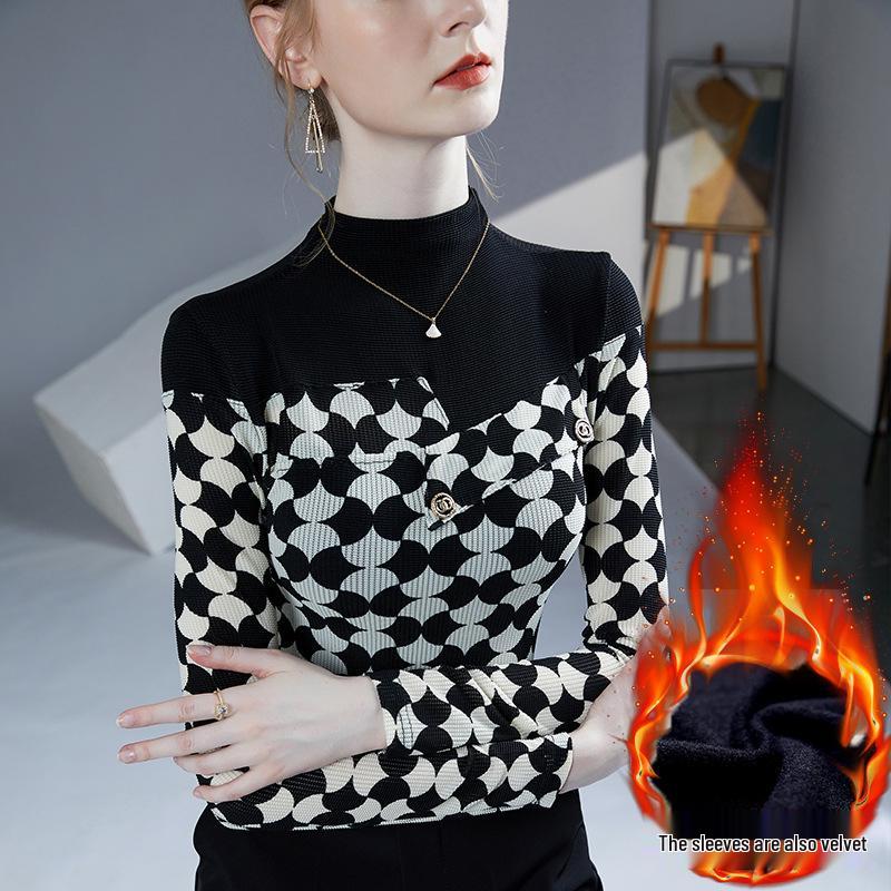 

Women s Chic Color-Block Fleece-Lined T-Shirt: Semi-High Neck, Warm Inner Layer 2XL