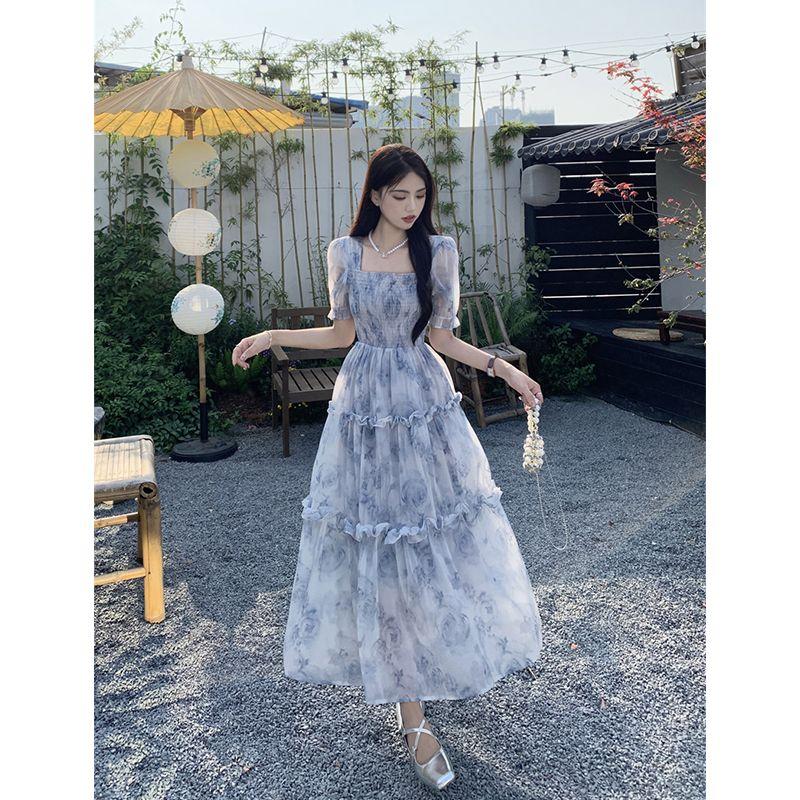 Vintage Square Neck Floral Dress with Bubble Sleeves, Summer Ruffle Hem Long Dress