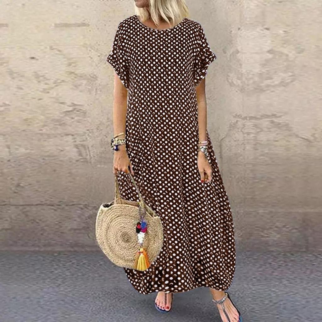Women's Summer Long Dress Crew Neck Short Sleeve Maxi Dress Casual Dot Printing Bohemian Dresses