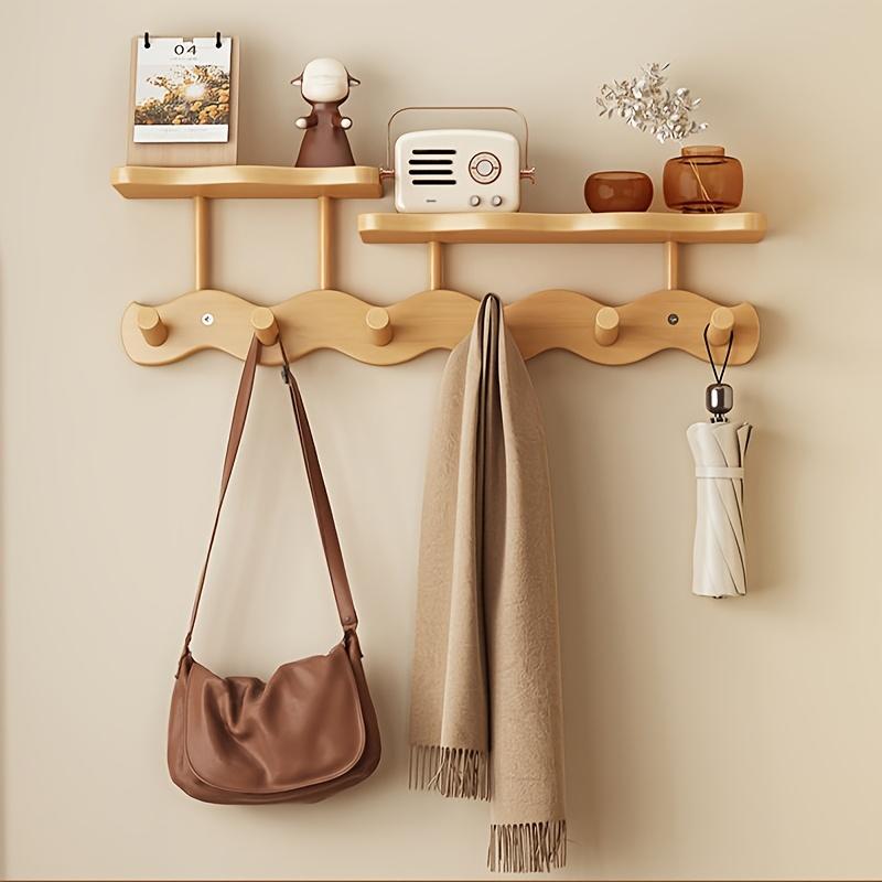 Wall Mounted Coat Rack with Hooks, No Drill Adhesive Wooden Entryway Organizer for Hats Bags, Space Saving Wall Hanger Bedroom