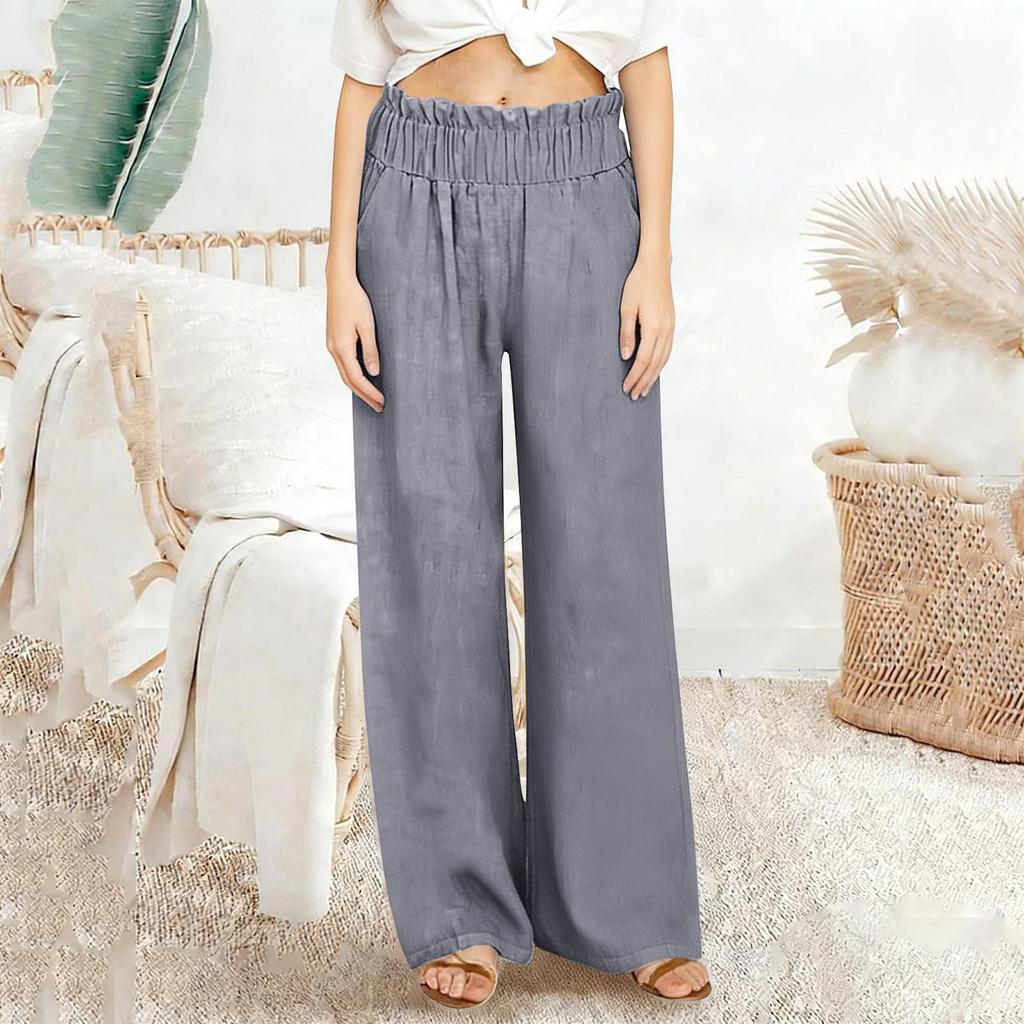 Casual linnen broek met wijde pijpen voor dames, elastische taille, veelzijdige zakelijke casual palazzo broek met zakken.