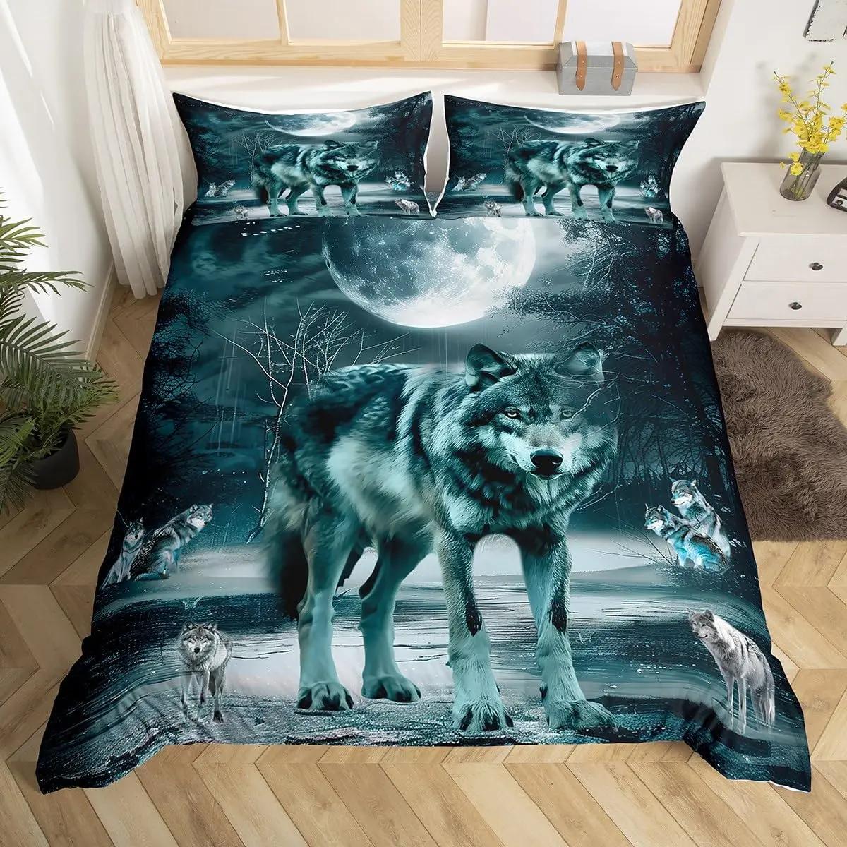 

Comforter Wolf Twin King Size Roaring Wolves Wildlife Bedding Set Aurora Animals Galaxy Print Comforter For Kids Boys Comforter (quilt)-EU Single(135*200cm)3pcs